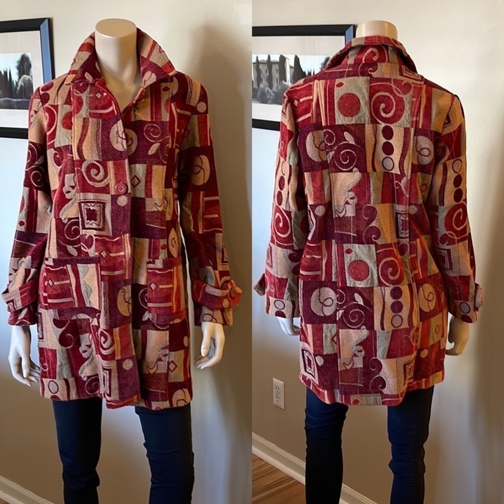 Caribe Abstract Print Fall Colors Tapestry Like Long Duster. Size M D5/A1570